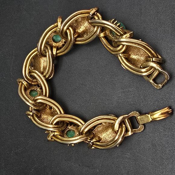 Vintage Peking Glass Leaf Bracelet Gold Tone Faux Seed Pearls Leaves - Picture 6 of 9